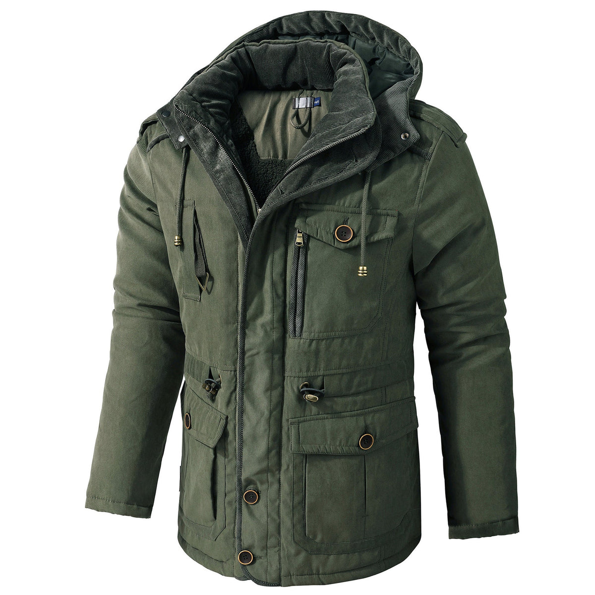Green winter jacket with a hood on a white background